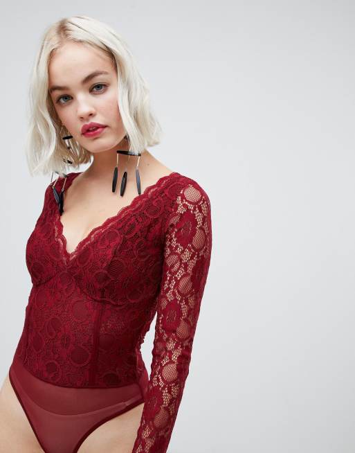 Tall Burgundy Sheer Lace Bodysuit, Tall