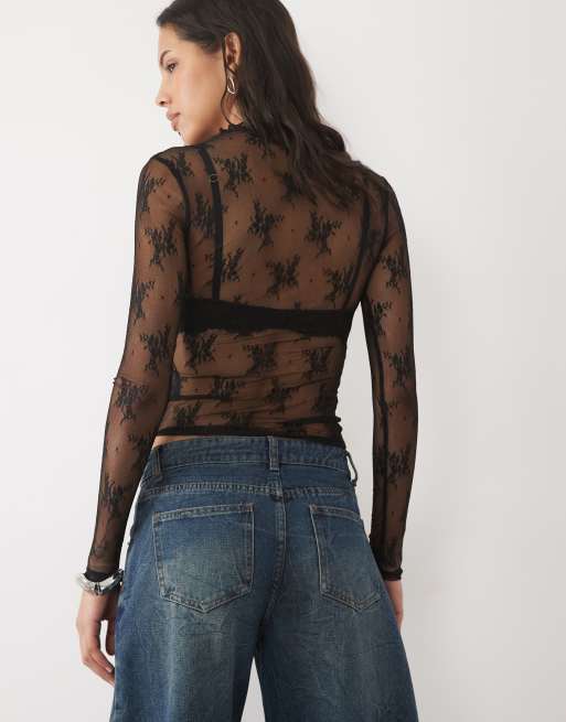 New Look long sleeve lace detail mesh top in black, 4 of 4