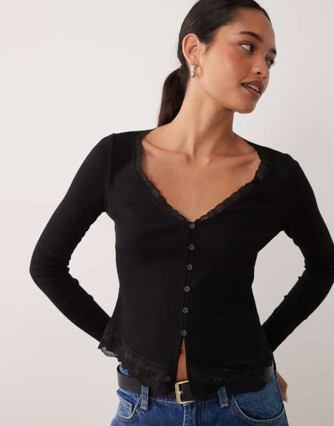 New Look long sleeve lace trim button through cardi in black - view 1