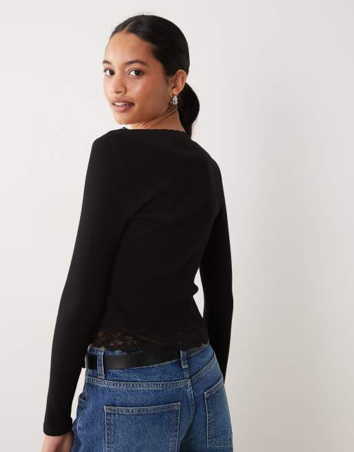 New Look long sleeve lace trim button through cardi in black, 4 of 4