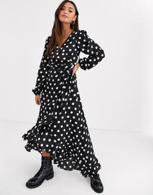 New Look long sleeve large spot midi dress in black polka dot | ASOS