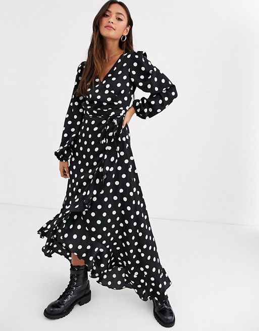 New Look long sleeve large spot midi dress in black polka dot