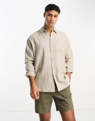 New Look Long Sleeve Linen Blend Shirt In Stone-neutral