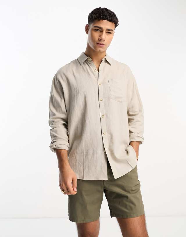 New Look long sleeve linen blend shirt in stone