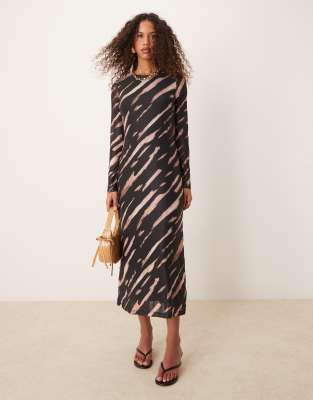 [New Look] New Look long sleeve mesh midi dress in tiger pattern-Multi 6 MULTI