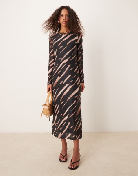 New Look long sleeve mesh midi dress in tiger pattern