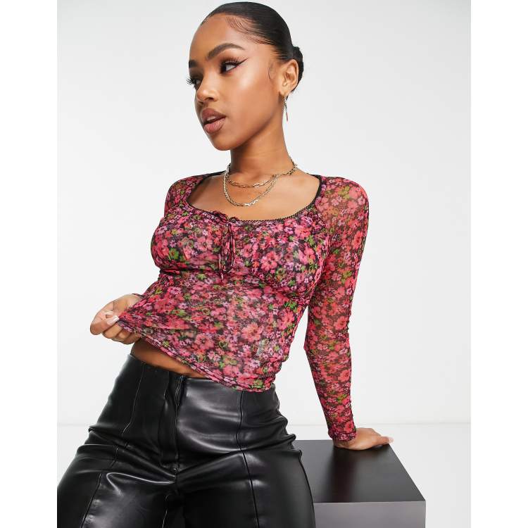 New Look long sleeve mesh tie front top in pink floral pattern