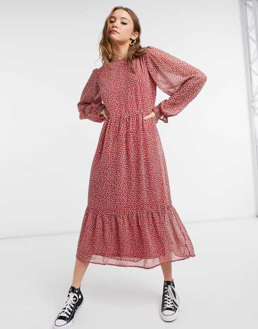 New Look long sleeve midi dress in red ditsy print ASOS