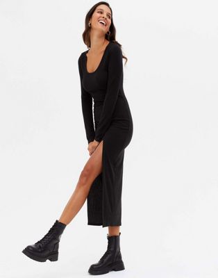 New Look long sleeve midi dress with side split in black