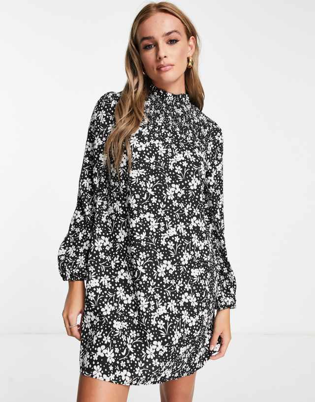 New Look long sleeve mini dress in black floral