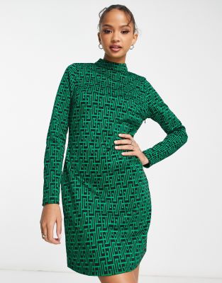 New Look long sleeve mini dress in green pattern - ASOS Price Checker