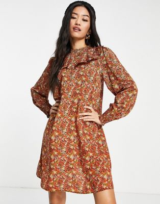 New Look long sleeve mini dress with collar detail in brown floral