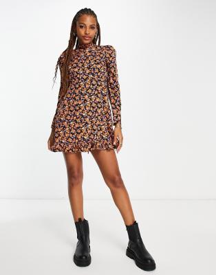 New Look Long Sleeve Mini Dress With Puff Sleeves In Brown Floral