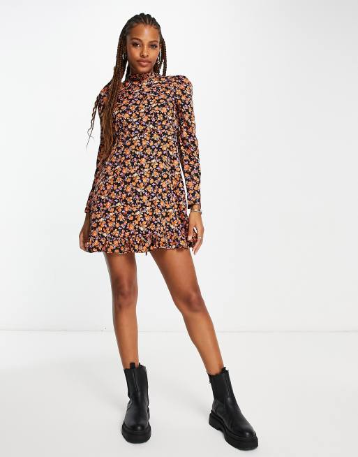 New Look long sleeve mini dress with puff sleeves in brown floral ASOS