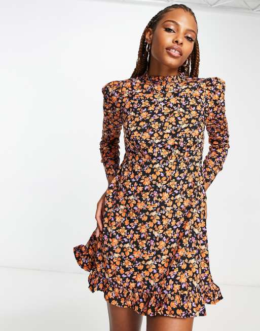 High neck long 2025 sleeve floral dress