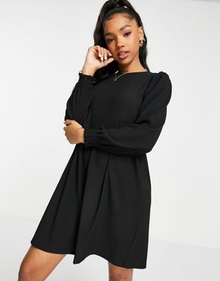 New Look long sleeve mini jersey smock dress in black