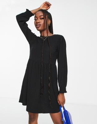 long sleeve mini jersey smock dress in black