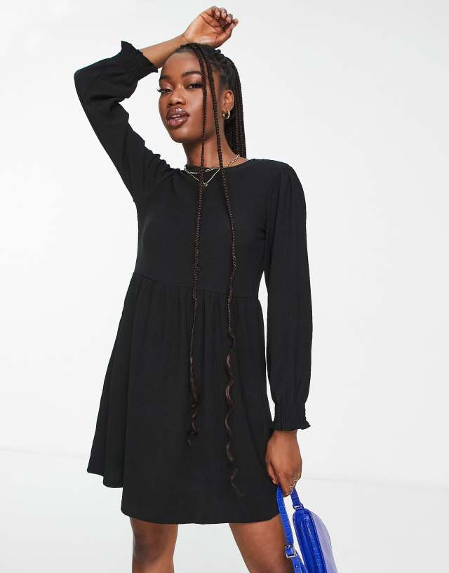 New Look long sleeve mini jersey smock dress in black