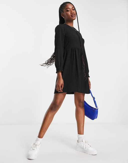 New Look long sleeve mini jersey smock dress in black