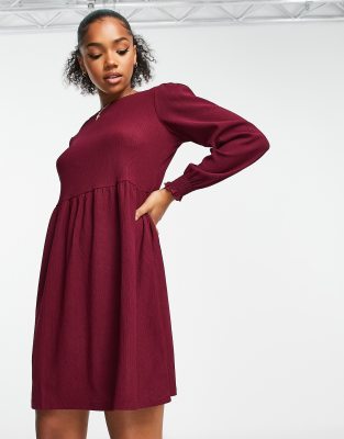 New Look Long Sleeve Mini Jersey Smock Dress In Burgundy-red