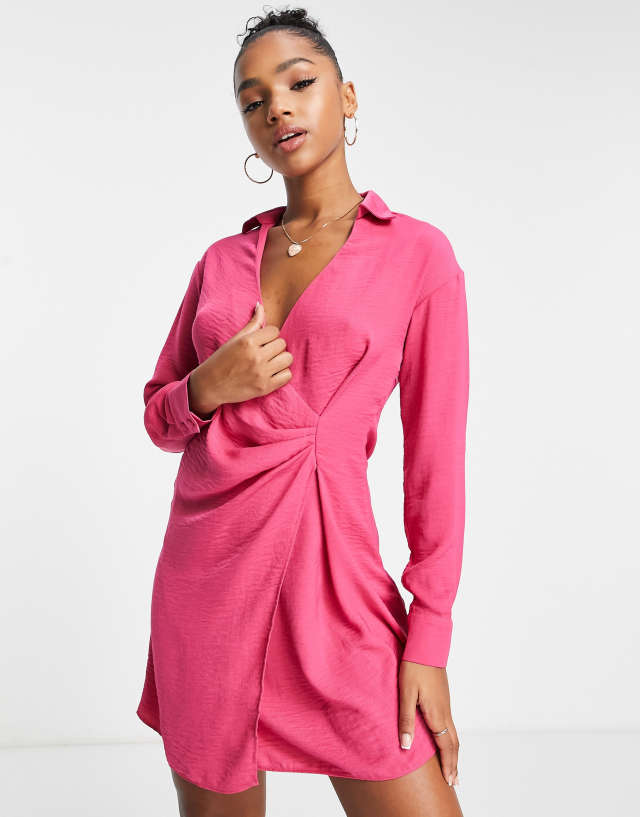 New Look long sleeve mini wrap dress in pink