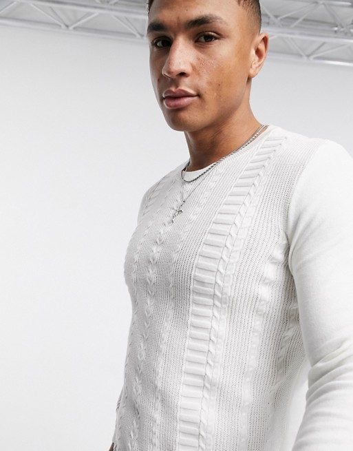 New Look long sleeve muscle cotton cable jumper in white