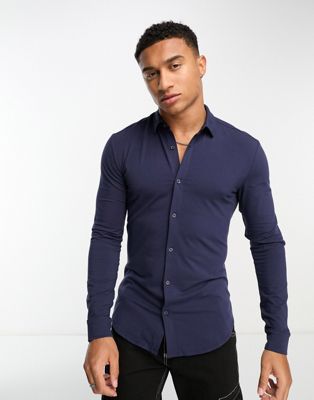 New Look long sleeve muscle fit jersey shirt in navy