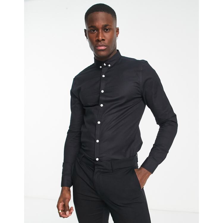 New Look long sleeve muscle fit oxford shirt in black | ASOS