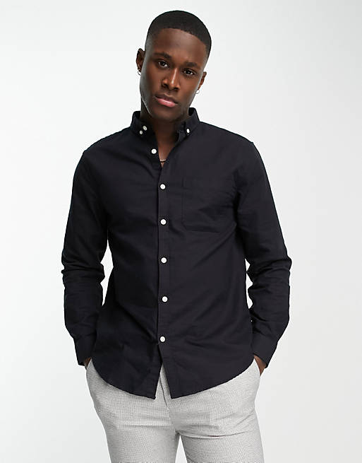 New Look long sleeve muscle fit oxford shirt in black | ASOS