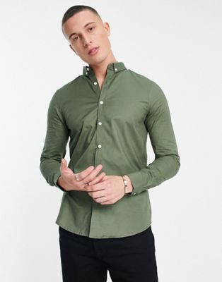 New Look long sleeve muscle fit oxford shirt in dark khaki