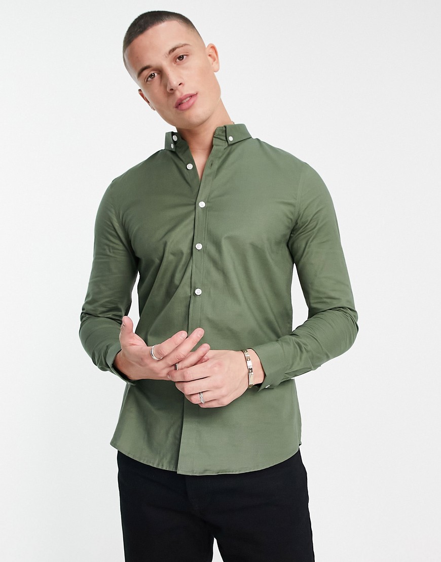 New Look long sleeve muscle fit oxford shirt in dark khaki-Green