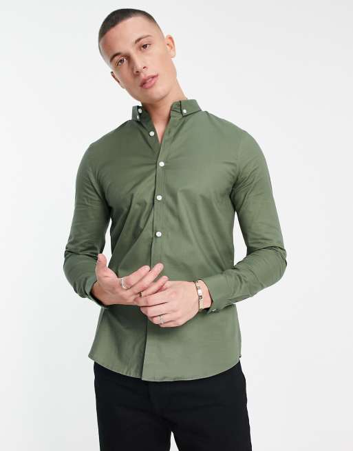 New Look long sleeve muscle fit oxford shirt in dark khaki | ASOS