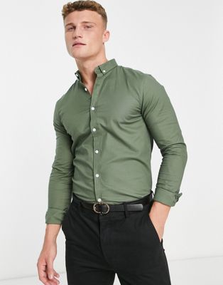 New Look long sleeve muscle fit oxford shirt in dark khaki