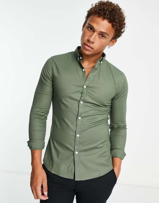 New Look long sleeve muscle fit oxford shirt in khaki | ASOS