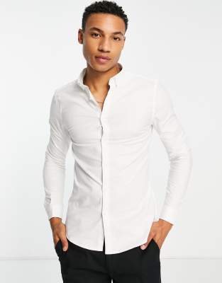 New Look long sleeve muscle fit oxford shirt in white