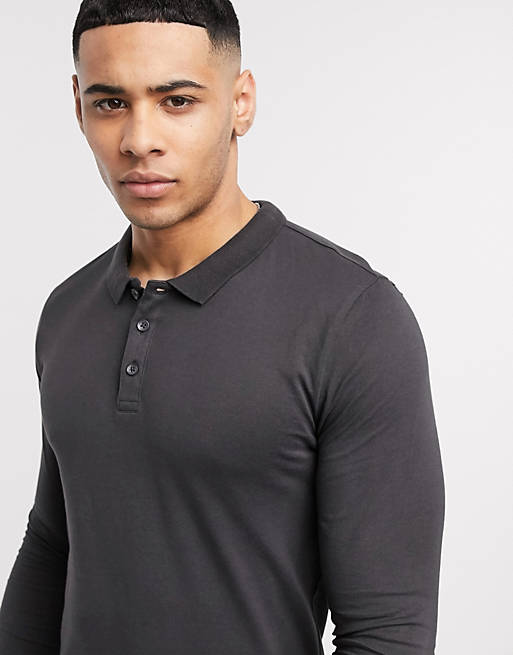 New Look long sleeve muscle fit polo in gray | ASOS
