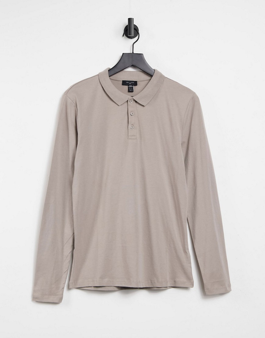New Look long sleeve muscle fit polo in mink-Pink
