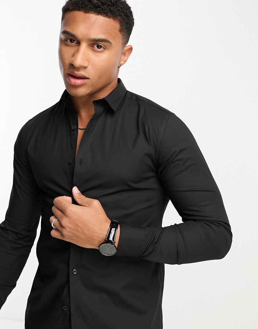 New Look long sleeve muscle fit poplin shirt in black