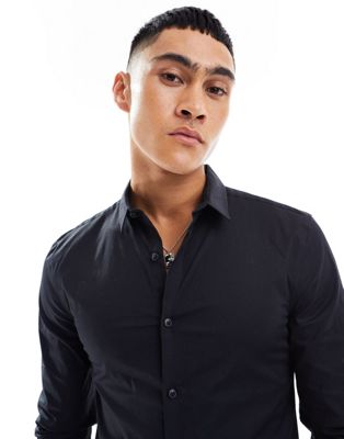 New Look long sleeve muscle fit poplin shirt in black - ASOS Price Checker
