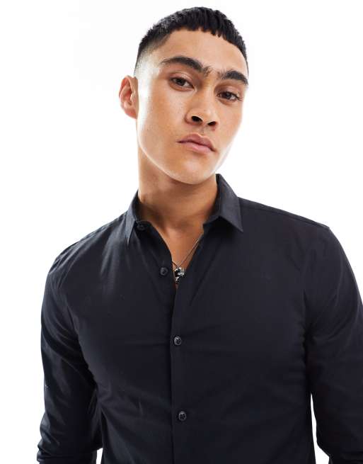 New Look long sleeve muscle fit poplin shirt in black