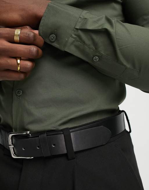 New Look long sleeve muscle fit poplin shirt in khaki, 3 of 4