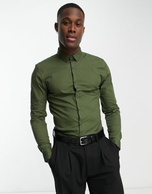 New Look long sleeve muscle fit poplin shirt in khaki - ASOS Price Checker