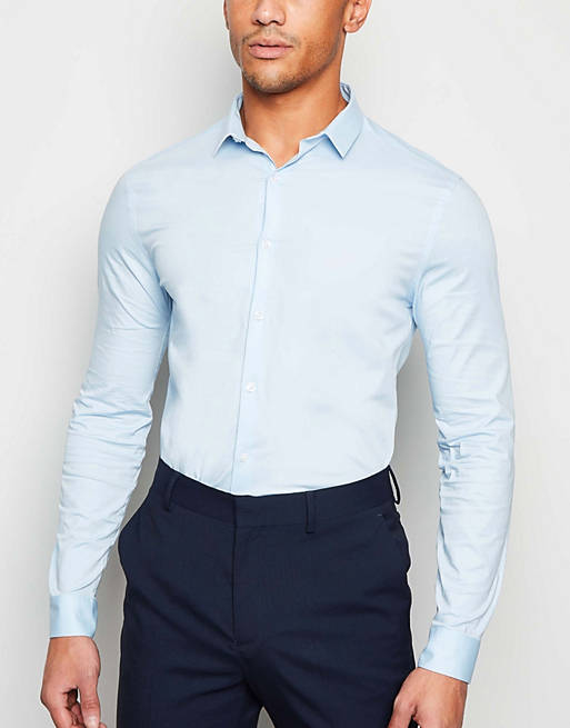 Men New Look long sleeve muscle fit poplin shirt in light blue 