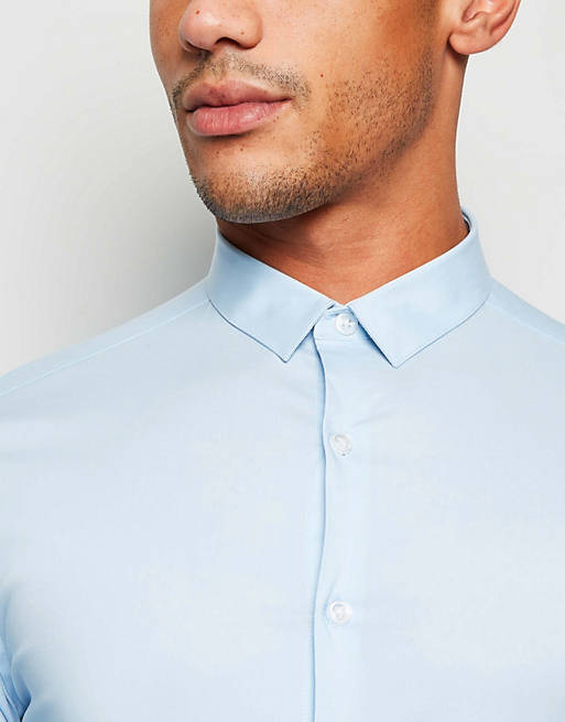 Men New Look long sleeve muscle fit poplin shirt in light blue 