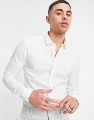 New Look long sleeve muscle fit poplin shirt in white - ASOS Price Checker