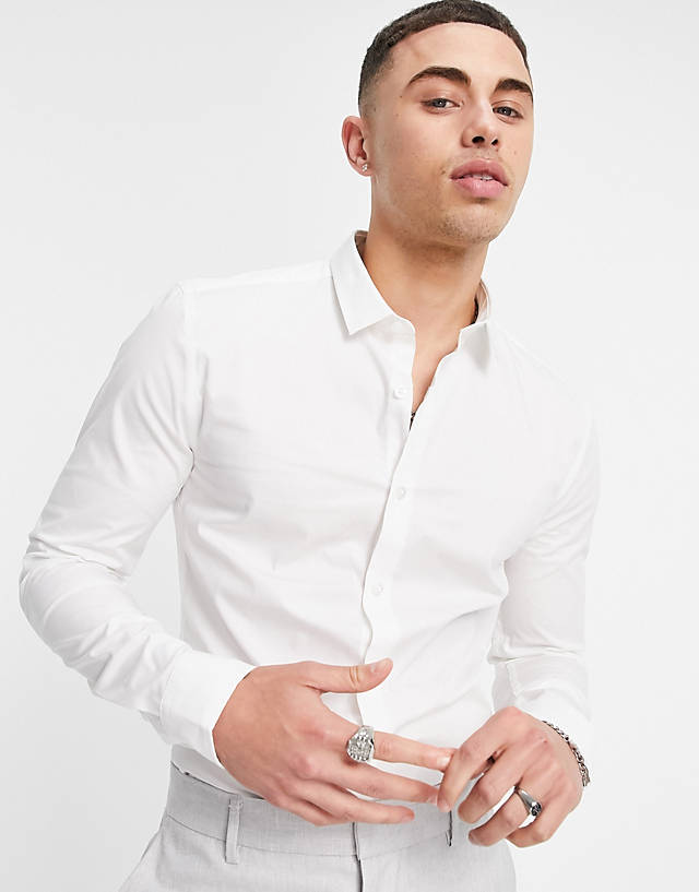 New Look - long sleeve muscle fit poplin shirt in white