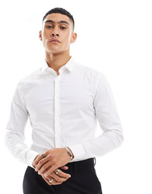 New Look long sleeve muscle fit poplin shirt in white