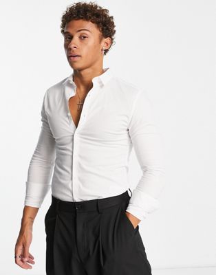 New Look long sleeve muscle fit poplin shirt in white - ASOS Price Checker