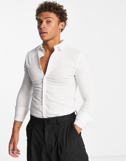 New Look long sleeve muscle fit poplin shirt in white