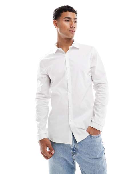 New Look long sleeve muscle fit poplin shirt in white - view 1